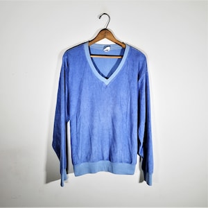 Vintage 60s 70s Blue Velvet Velour Shirt Vtg Retro Disco Surf Hippy Mod USA Made Extra Large
