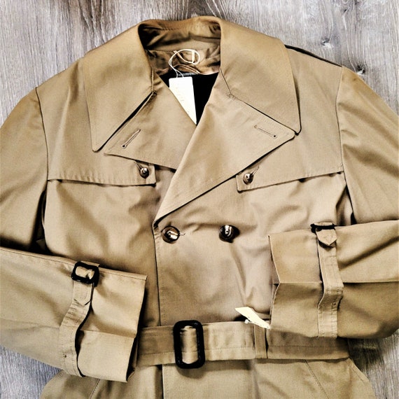 Vintage 60s 70s Deadstock Khaki Belted Trench Coa… - image 3