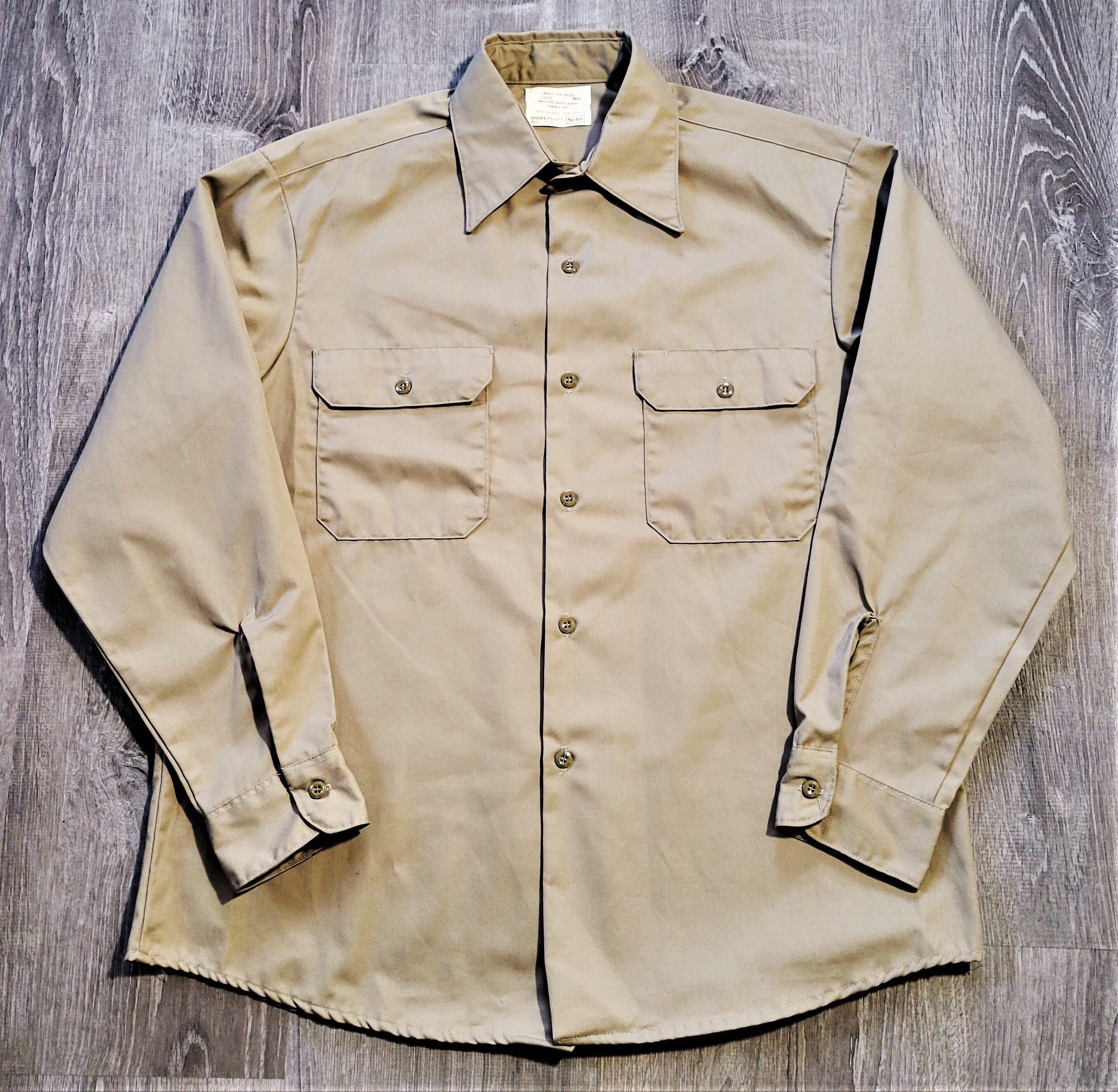 Vintage 70s Sears Twill Work N Leisure Shirt Vtg 1970s Khaki