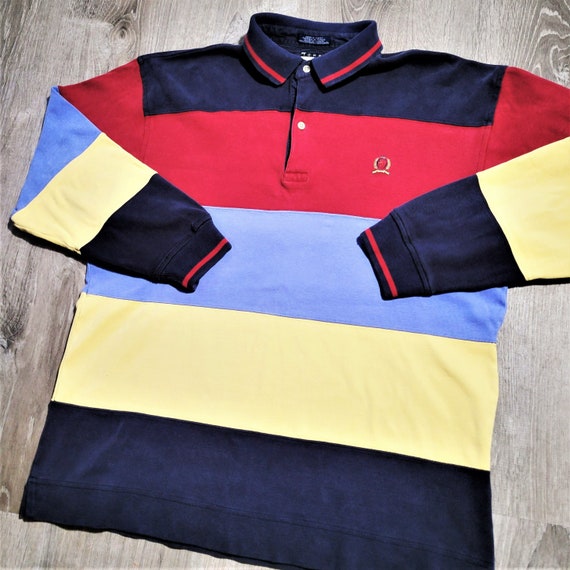 1990s M Rugby Hilfiger Mens Etsy Polo Colorblock Vtg Rainbow Crest Shirt Tommy 90s Vintage Medium -