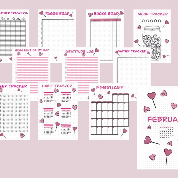 PDF | 2024 February Bullet Journal Spreads | Downloadable | Printable