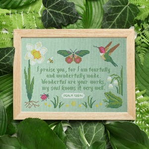 Puede incluir: Un diseño de punto de cruz enmarcado con un fondo verde que presenta un colibrí, una mariposa, una rana y flores. El texto dice "Te alabo, porque soy terriblemente y maravillosamente hecho. Maravillosas son tus obras, mi alma lo sabe muy bien. SALMO 139:14"