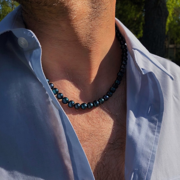 Collar de perlas para hombre / Collar de perlas unisex, joyería de perlas para hombre, collar de perlas naturales de agua dulce, plata de ley 925 y collar de perlas
