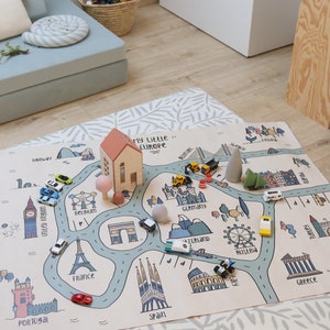 Colorful play mat in artist edition “my little Europe” made of vegan leather printed with food-safe ink