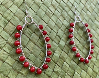 Coral Wire Wrapped Earrings / Gemstone Earrings / Coral Beaded Earrings / Sterling Silver Wire Earrings / Hoop Earrings