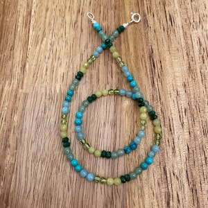Multi Color Gemstone Necklace / Beaded Necklace / Beaded Sterling Silver Choker / Green and Blue Gemstone Necklace / Layering Necklace
