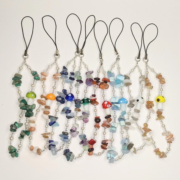 Fairycore Aesthetic Healing Crystal & Toadstool/Mushroom Beaded Phone Charms / Keyrings - MORE COLOURS LISTED