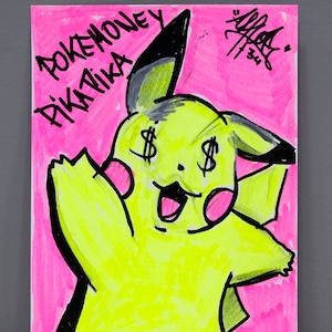 AHCOR, 2022. MONEY EYES series: &quot;Pokemony Pika Pika&quot;. Ink on paper. One-of-a-kind authentic, original artwork.