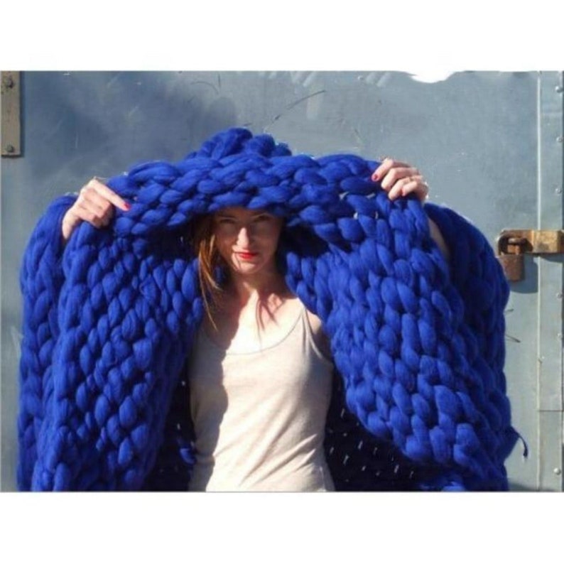Chunky Knit Blanket Merino Wool Hand Made Throw Royal Blue Etsy
