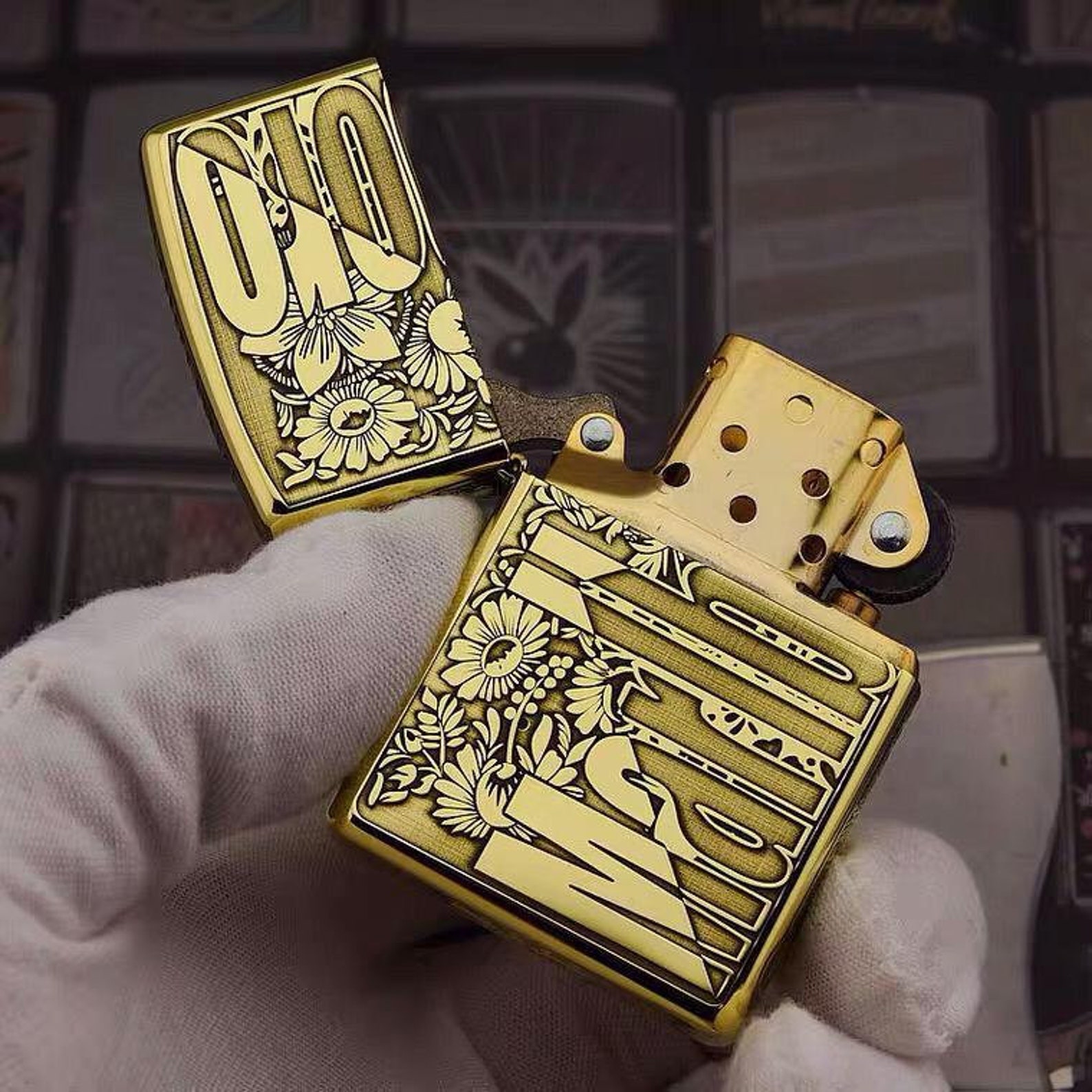 Zippo Lighter Etching Brass Marlboro Gold Collection Lighter Etsy