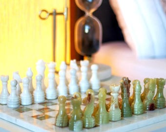Premium Marble Chess Set | Handmade Green Onyx Marble Chess Set With Storage Case |