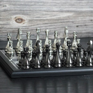Silver and Black Metallic Chess Set | Metal Chess Board, Metal Chess Pieces | Gift For Chess Lover | Graduation Gift Idea | Fathers Day Gift