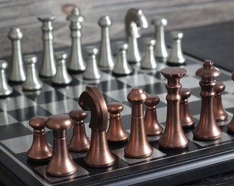Copper and Silver Metallic Chess Set: 14-Inch Metal Board