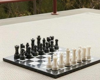 Grote marmeren schaakset 16 inch – zwart-witte stenen schaakbord, luxe salontafelspel, decoratieve schaakset, uniek cadeau voor hem
