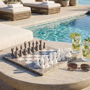 Large Marble Chess Set 16 Inch – Neutral Stone Chess Board, Taupe & White Chess Set, Coffee Table Decor, Luxury Game, Best Selling Chess Set