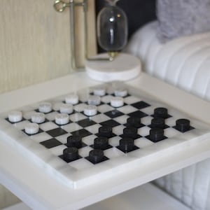 Vintage Marble Checkers Set | Black and White 12 inch Handmade Checkers Set with Storage Case | Gifts for Him | Father's Day Gift Ideas
