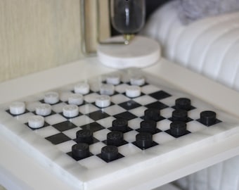 Handmade Marble Checkers Set: Black & White, 12-inch, with Velvet Case