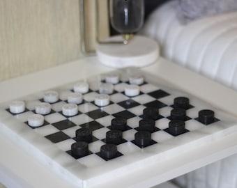 Vintage Marble Checkers Set | Black and White 12 inch Handmade Checkers Set with Storage Case | Premium Gift, Gifts for him, Christmas Gifts