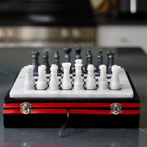 Handcrafted Black and White Marble Chess Set with Storage Case
