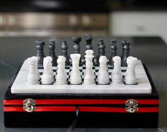 Black and White Marble Chess Set | Handcrafted Monochrome Chess Set With Storage Case | Unique Chess Set With Storage Case