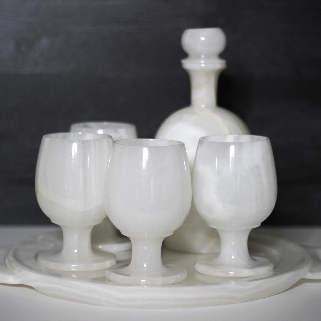 White Jade Drink Serving Set Premium Marble Decanter & Marble Wine