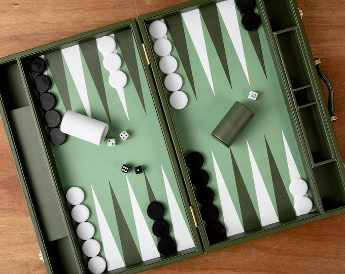 Green Leather Backgammon Set – Luxury Travel Board Game
