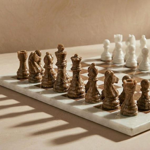 Buy Large Marble Chess Set With Case – Brown & White Chess Board