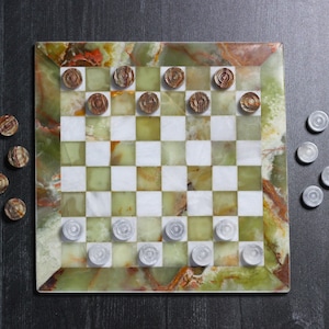 Green Onyx Checkers Set | 12 inch Handmade Checkers Set with Storage Case | Gifts for Him | Father&#39;s Day Gift Ideas | Graduation Gift Ideas