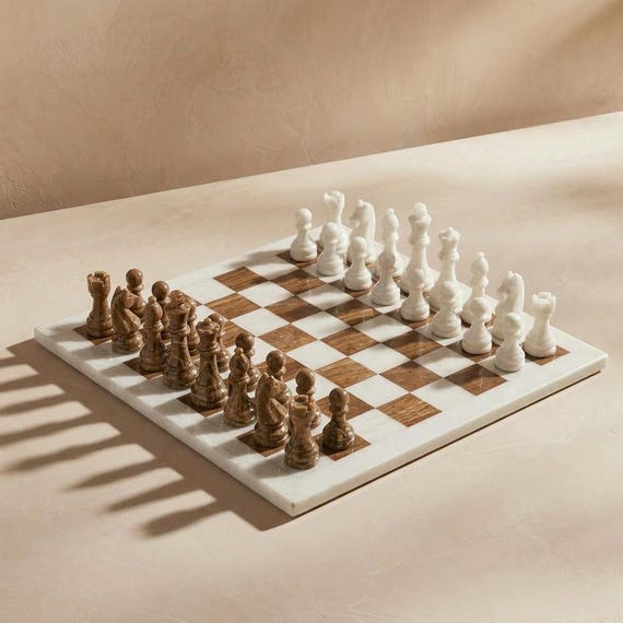 Large Marble Chess Set With Case – Brown & White Chess Board, Modern Home Decor, Coffee Table Game, Decorative Chess Set