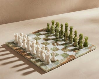 Large Green Onyx Chess Set With Case – Green & White Marble Chess Board, Luxury Stone Chess Set, Coffee Table Decor
