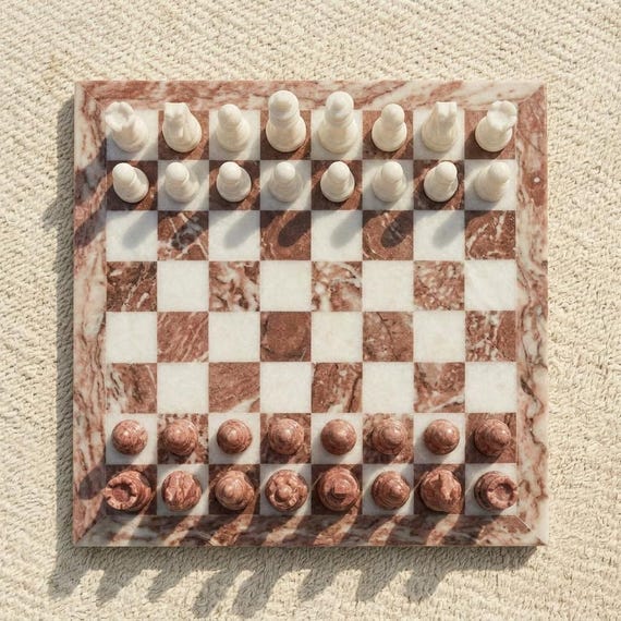 Large Pink Marble Chess Set | Coral Pink & White Chess Board with Storage Case | Handmade Decorative Chess Set