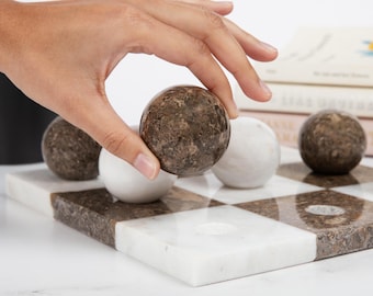 Italian Brown Marble Tic Tac Toe Set |  Round Marble Tic Tac Toe Game Set with Sphere Pieces | Coffee Table Decoration, Housewarming Gift