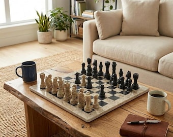 Juego de ajedrez de mármol grande de 16 pulgadas con estuche: tablero de piedra, juego de ajedrez de mármol negro y coral, decoración para la mesa de centro, regalo para los amantes del ajedrez.