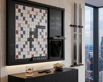 Interactive Wall Art Game – Oversized Wooden Scrabble Board with Chalkboard & Storage | Modern Game Room Wall Décor