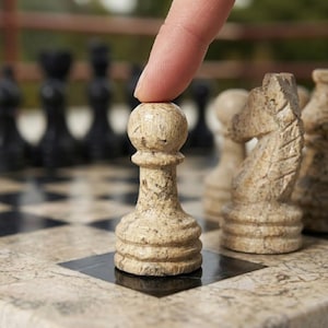 May include: A close-up of a beige chess pawn on a checkered board. The pawn is made of a stone-like material and is being touched by a finger. Other chess pieces, including a knight and black pieces, are visible in the background.