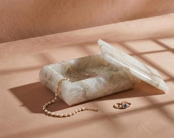White Onyx Jewelry Box – Stone Jewelry Organizer, Marble Keepsake Box, Ring Holder, Luxury Vanity Storage, Unique Gift