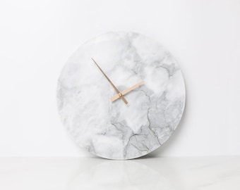 Marble Contemporary Wall Clock - Minimalist White Natural Marble Wall Clock with Gold Hands (White Marble)