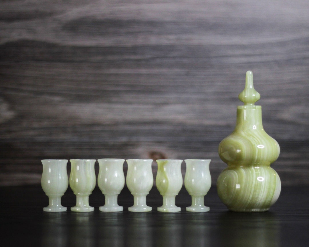 Jade Stone Drink Serving Set of 7 Includes 6 Wine Glass Set and Elegant