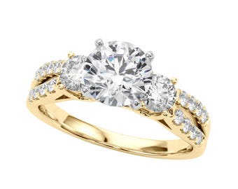 Round Diamond Engagement Ring, 3-Stone Solid Gold Ring for Women, Prong Pave Set Trilogy