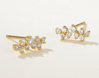 Natural Diamond Ear Climber Stud, 9K Yellow Gold SINGLE Stud, Everyday Wear, Personalized Gifts