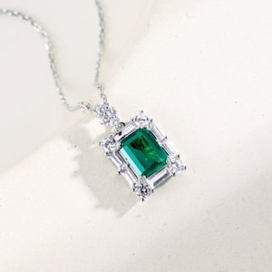 Emerald Cut Moissanite Pendant Necklace for Women, Silver Necklace, Handmade Dailywear Minimalist Charm, May Birthstone, Gift for Girlfriend