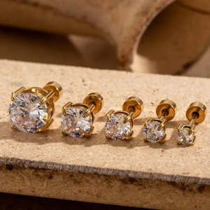 On Sale Silver Moissanite Diamond Screw Back Helix Earrings, Round Solitaire Multi Size Studs, Everyday Wear Cartilage Tragus Stud Piercing