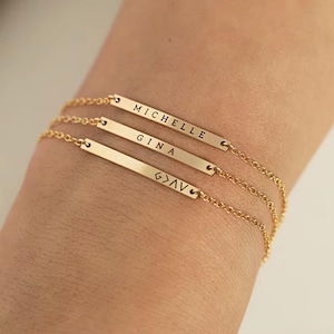 Custom Initial Bracelet, Dainty Engraved Name Bar Bracelet by Grace, Personalized Jewelry, Silver Gold Plated Chain Bracelet, Gift for Mom