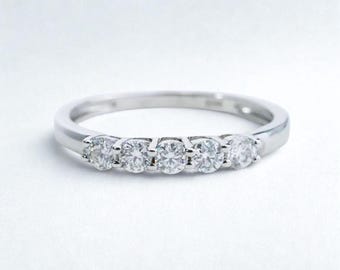 Prong Set 5 Stone Round Moissanite Diamond Wedding Band, Sterling Silver Promise Ring, Stackable Proposal Ring, Personalized Birthday Gift