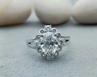 Vintage Oval Moissanite Engagement Ring, 925 Silver Floral Halo