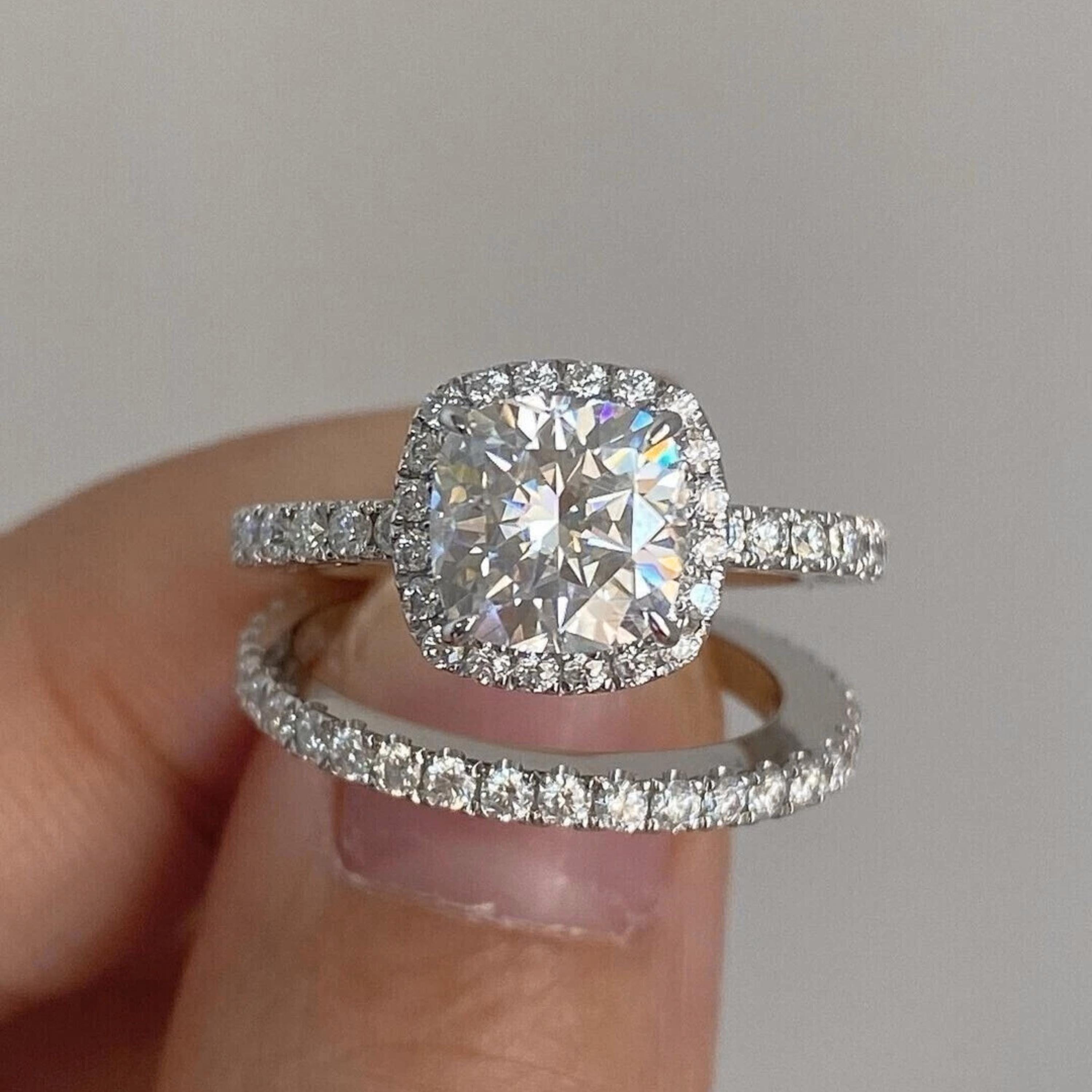 Sterling Silver Wedding Ring with Matching Band Set for Bride, Cushion Cut Halo Pave Set Moissanite Ring, Personalized Promise Ring for Gift
