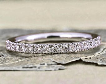 Round Moissanite Half Eternity Diamond Ring in Silver, Micro Pave Prong Set Ring, Matching Wedding Band, Personalized Promise Ring for Her