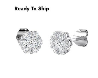 Diamond Flower Studs, 9K White Gold Earrings, Cluster Setting