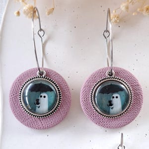 Polymer Clay Earrings, Halloween Earrings, Ghost Black Cat Earring, Handmade Jewelry, Silver Hoop Earring, Lightweight Earring, Gift for Her