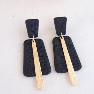 Polymer Clay Black Earrings, Neutral Dangle Earrings with Gold Charm, Statement Handmade Lightweight Jewelry, Unique Gift for Her